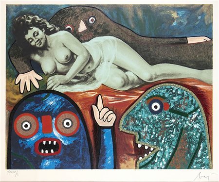 ENRICO BAJ <br>Sir James Melville e lo sceriffo Hasan pacha ritrovano Elena Pavlovna
 1986
