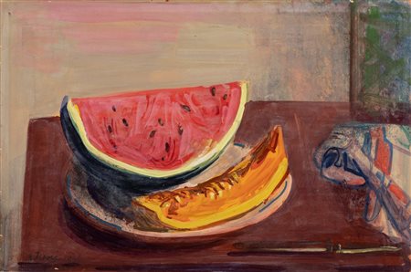 Achille Funi (Ferrara 1890-Appiano Gentile 1972)  - Natura morta con anguria e melone, 1963