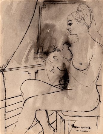 Paul Delvaux (Antheit 1897-Furnes 1994)  - Recto Femme portant un oiseau / Verso photo de l'Artiste collè au centre du dessin de 4 femmes