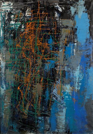 Alfredo Chighine (Milano 1914-Pisa 1974)  - Composizione arancio su fondo blu, 1956