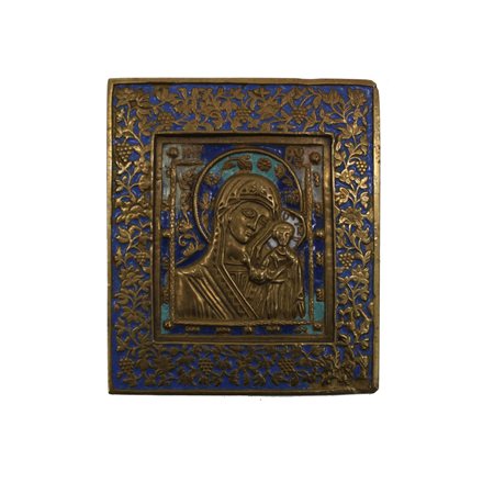 Icona russa in bronzo con smalti policromi del XIX secolo