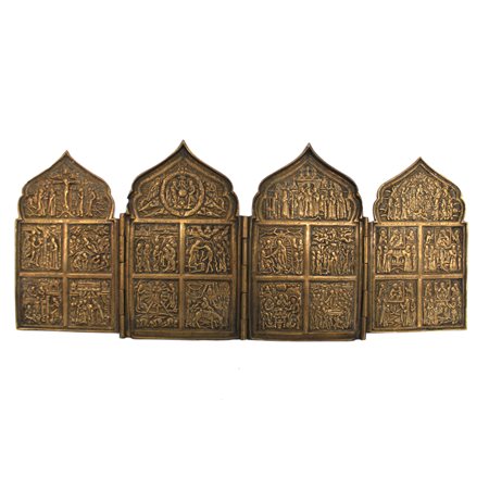 Icona russa in bronzo quadripartita del XIX secolo