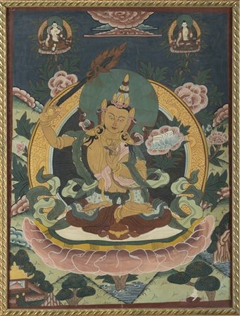 Coppia di thangka in cornice raffiguranti divinità
Cina/Tibet, fine dinastia Qi