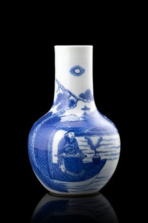 Piccolo vaso a bottiglia in porcellana bianca e blu decorato con figura di sagg