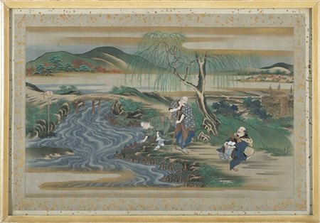 Quattro dipinti giapponesi su seta di scuola Ukiyo-e raffiguranti storie di vit