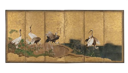 Paravento a sei ante decorato con gru su fondo oro e vegetazione (difetti)
Giap