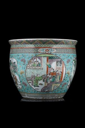 Vasca in porcellana a fondo turchese decorata a ramages fioriti, riserve decora