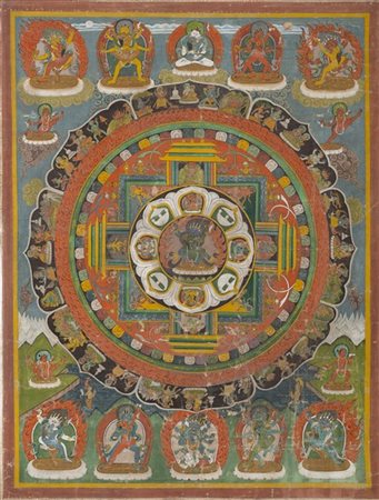 Thangka con cornice in metallo, centrato con figura rappresentante Mahakala (di