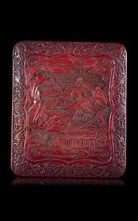 Scatola rettangolare in legno laccato rosso, il coperchio coperto da paesaggio