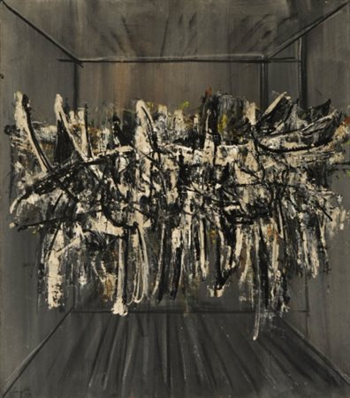 ALDO BERGOLLI 1916 - 1972 Paesaggio nella stanza , 1959 Olio su tela, cm. 80...