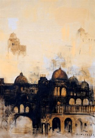 PIERO PIZZI CANNELLA 1955 Cattedrale Olio su tela, cm. 140 x 100 Firmato sul...