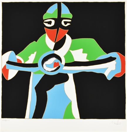 Ugo Nespolo IL MOTOCICLISTA serigrafia su carta, cm 54x50; es. 699/1000 firma