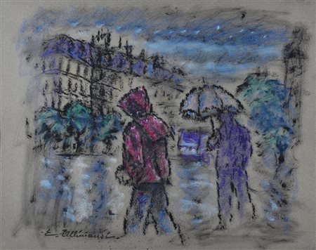 Enrico Allimandi GIORNATA PIOVOSA A PARIGI tecnica mista su carta, cm 42x50...