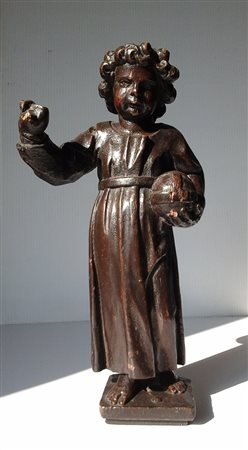 GESU' BENEDICENTE CON GLOBO CRUCIGERO - SCULTURA IN LEGNO CON PATINA - XVII...