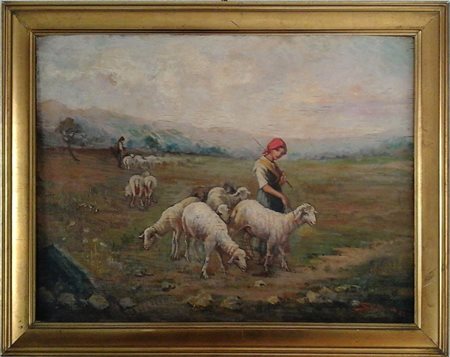 PACIFICO SIDOLI (1868-1963) - PASTORELLA CON GREGGE 1945 - OLIO SU TAVOLA...