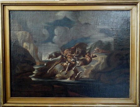 SCUOLA DEL XVIII SECOLO - SCENA DI CACCIA - OLIO SU TELA CM.70X95
