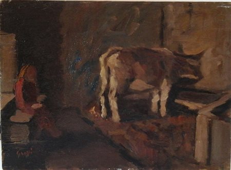 GROPPI ENRICO (1911-1972) - BUE NELLA STALLA - OLIO SU TAVOLA CM.22X30 -...