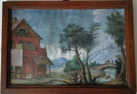 SCUOLA NORDICA - PAESAGGIO CON CASA ROSSA - OLIO SU TELA CM.26X38