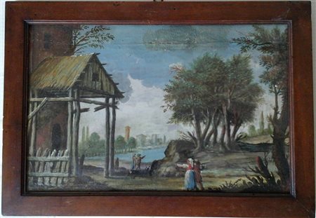 SCUOLA NORDICA - PAESAGGIO CON CASA GIALLA - OLIO SU TELA CM.25X40