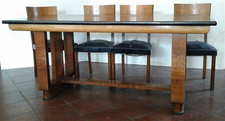 TAVOLO IN LEGNO RADICATO E FILETTATO CON PROFILI EBANIZZATI CM.182X92X79 -...