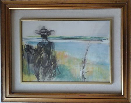 MOTTI GIUSEPPE (1908-1988) - PESCATORE SUL PO - TECNICA MISTA SU CARTA...