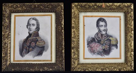 COPPIA DI STAMPE colorate raffiguranti due ufficiali francesi entro cornici...