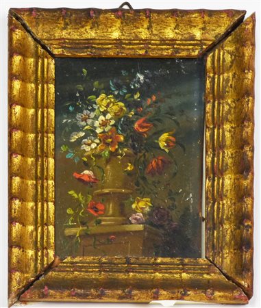DIPINTO AD OLIO SU CARTONE raffigurante vaso con fiori entro cornice linea...