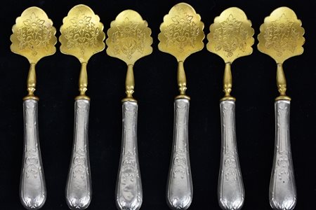 LOTTO DI 6 CUCCHIAINI da gelato in metallo dorato e argentato cm 16 fine XIX...