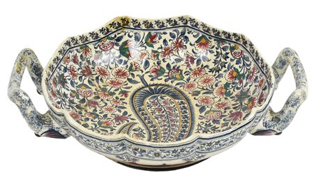 CENTROTAVOLA in Fayence di GIEN decorata a motivi floreali con due maniglie...