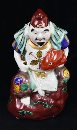 CERAMICA ORIENTALE raffigurante santone con pesce rosso h cm 16 Cina, meta'...
