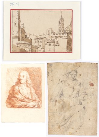 Gruppo di tre disegni. 
A. Veduta di Siena
B. Ritratto di uomo di legge
C. Ritratto di giovane contadina