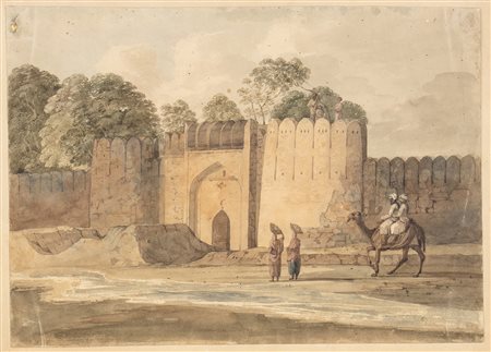 Veduta di mura di città orientale con figure (Algeri?)