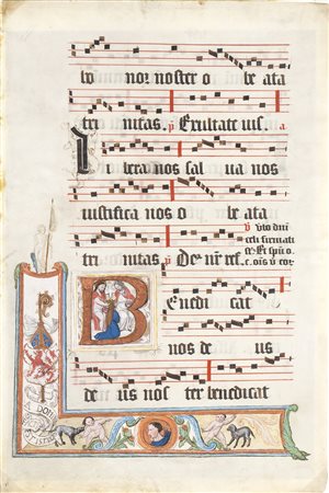 Antifonario con  lettera "B" miniata. All'interno Trinità e Vergine incoronata e bordura con motivi araldici, putti, due cani e un medaglione con figura di profilo.