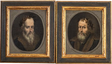 Due Ritratti di umanisti coronati di lauro. Coppia di dipinti