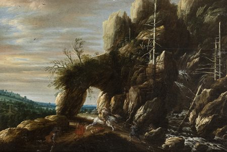 Paesaggio con arco roccioso e scena di brigantaggio