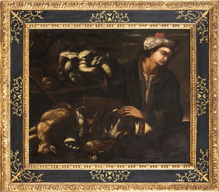 Natura morta di cacciagione con cacciatore e segugio