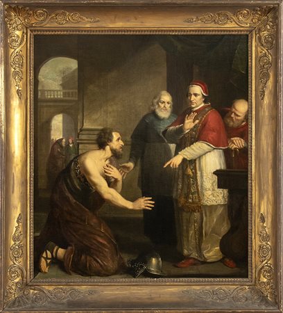 Conversione di un condottiero inginocchiato dinnanzi al Pontefice  (Papa Leone Magno intercede a favore del popolo romano col vandalo Genserico alle porte della città?) 