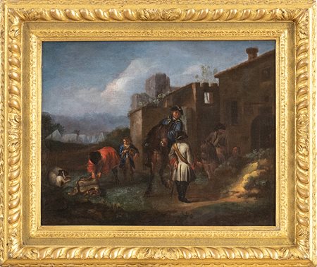 Sosta di cavalieri di fronte a una stazione di posta