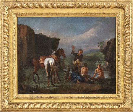 Sosta di cavalieri e bagnanti presso corso d'acqua