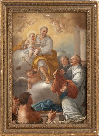 Santo che dona lo scapolare a Giuseppe e Gesù Bambino