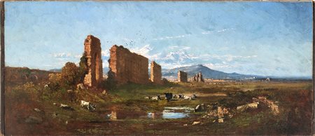 Paesaggio con ruderi di acquedotto e armenti al pascolo