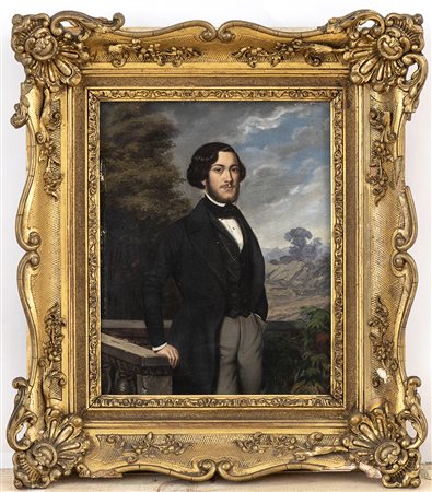 Ritratto di giovane gentiluomo appoggiato alla balaustra di un giardino