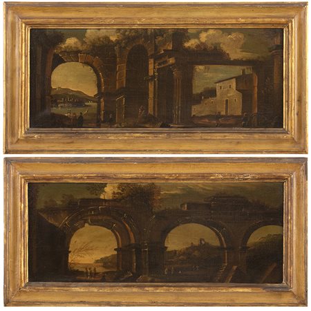 Capriccio con ruderi, edifici e figure - Capriccio con acquedotto e figure. Coppia di sovrapporta