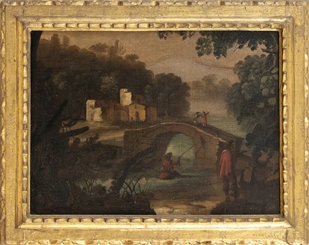 Paesaggio con ponte e pescatore