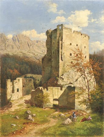 Robert Russ Castello di Andraz nelle Dolomiti;Olio su tela, 70 x 50 cm, in...