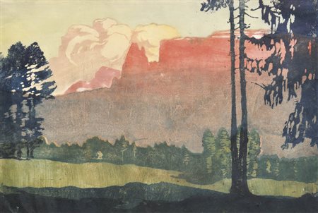 Max Sparer Sciliar nel rosso di sera;Xilografia a colori, 32,5 x 49 cm, in...