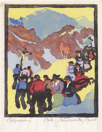 Robert Saurwein Processione;Xilografia a colori, 12,1 x 9,8 cm (immagine)...