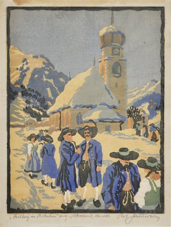 Robert Saurwein Giornata di festa a St. Anton;Xilografia a colori, 26 x 19,5...