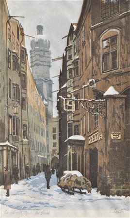 Engelbert Lap Città vecchia di Innsbruck in inverno, 1924;Xilografia a...