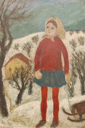 Elfi Widmoser (Meran/Merano 1930 - 2020) Ragazza con slitta, 1960 ca.;Tempera...